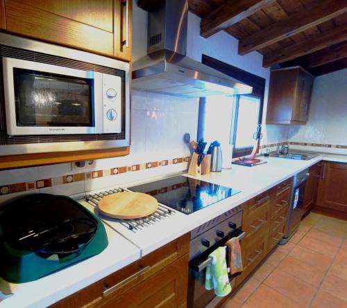 a kitchen with a stove and a microwave at Alojamiento Rural El Ojuelo in El Ojuelo
