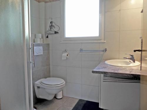 une salle de bain blanche avec des toilettes et un lavabo dans l'établissement Crepuscule 4 - Appartement proche pistes de ski et village, à La Clusaz