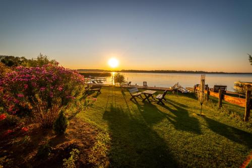 a sunset over the water with benches and flowers at Willa Tałty in Mikołajki