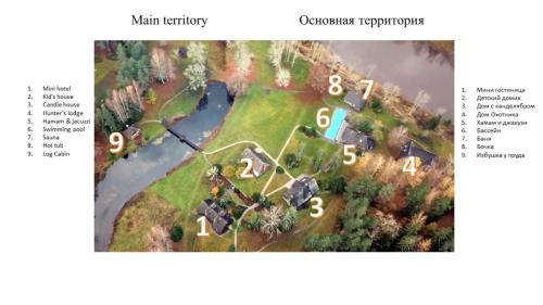 an aerial view of a home with a map of the property at Hunter's Lodge in Padure
