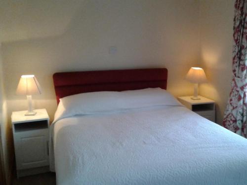 a bedroom with a bed and two lamps on tables at Clancys Of Glenfarne in Glenfarne