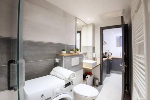 une salle de bain avec toilettes et lavabo dans l'établissement L'ESCAPADE PROCHE CENTRE PARKING Home-One, à Dole