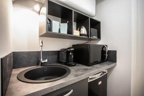 La salle de bains est pourvue d'un lavabo et d'un four micro-ondes. dans l'établissement LE CANAL PARKING GRATUIT Home-One, à Dole