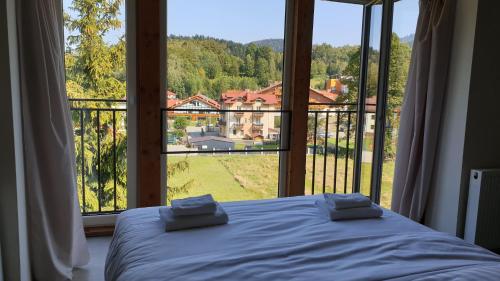 ein Schlafzimmer mit einem Bett und einem großen Fenster in der Unterkunft Apartamenty Doliny in Szczyrk