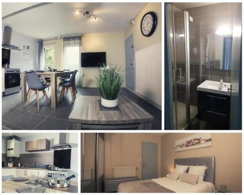 d'une cuisine et d'un salon avec une horloge murale. dans l'établissement LA COMMANDERIE JARDIN PARKING Home-One, à Dole