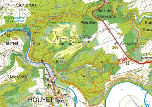 a close up of a map with a red line at Lesse en Ciel vous accueille avec plaisir . in Houyet