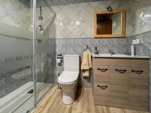 a bathroom with a toilet and a shower and a sink at Recuerdos de Monfragüe in Malpartida de Plasencia