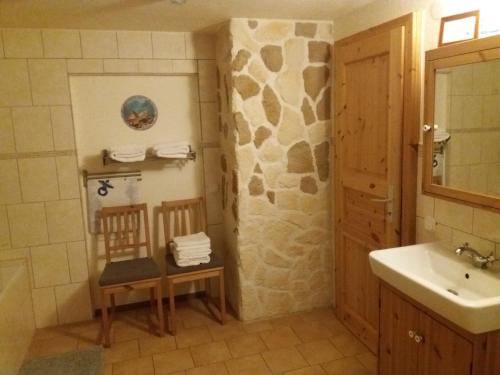 a bathroom with a sink and a shower and a toilet at Ferienwohnung auf dem Land in Dittersbach