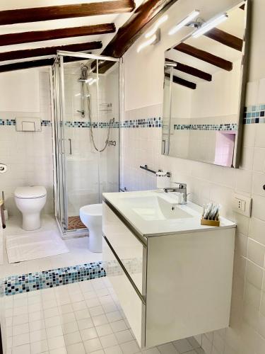 uma casa de banho com um lavatório, um chuveiro e um WC. em La Casa dell'Arco em Vitorchiano