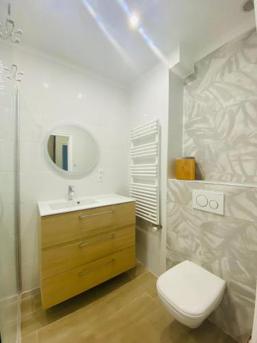 une salle de bain avec toilettes, lavabo et miroir dans l'établissement 50m plage - 2 pièces jardin garage, à Cagnes-sur-Mer