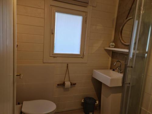 baño con aseo y lavabo y ventana en Casa Ibiza is vakantie in Drenthe, en Schoonebeek