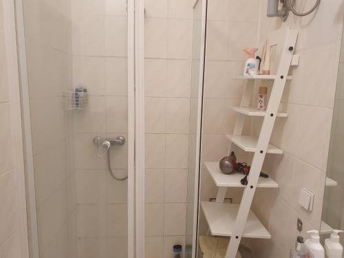 維也納的住宿－Beutiful Apartment near the center，浴室设有白色架子淋浴