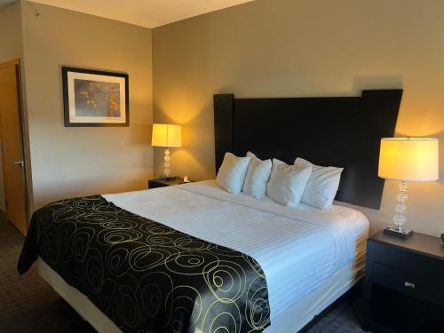a hotel room with a large bed and two lamps at Okoboji Inn & Suites in Milford