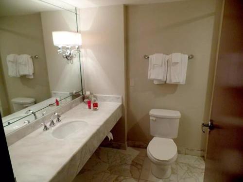 a bathroom with a sink and a toilet and a mirror at Rose Palace Hotel, Gulberg in Lahore