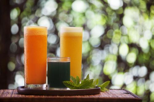 two glasses of orange juice on a tray with mint at Six Senses Fort Barwara Sawai Madhopur in Sawāi Mādhopur