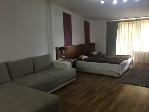 Termál Apartman في نيرباتور: غرفة معيشة مع أريكة وسرير