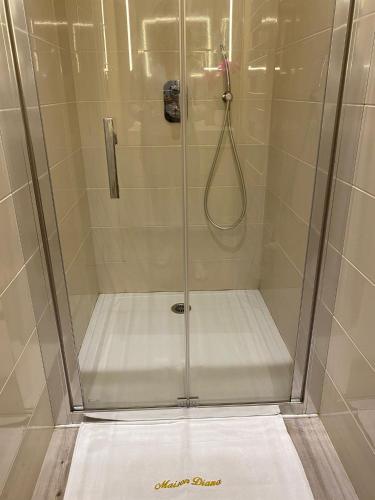une douche avec une porte vitrée dans une salle de bain dans l'établissement MAISON DIANA, à Capestang