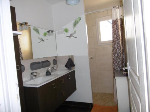 W łazience znajduje się umywalka i lustro. w obiekcie Maison d'Hôtes La Marie Pierre w mieście Pluherlin