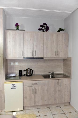 a kitchen with wooden cabinets and a sink at Alesta Apartment in Tríkala