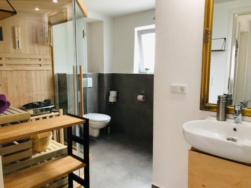 ein Badezimmer mit einem Waschbecken, einem WC und einem Spiegel in der Unterkunft Ferienhaus No2 in Friedrichstadt in Friedrichstadt