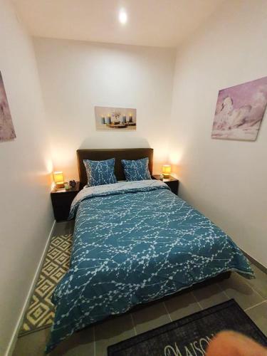 a bedroom with a bed with a blue comforter at Appartement d'une chambre avec vue sur la ville jardin clos et wifi a Dijon in Dijon
