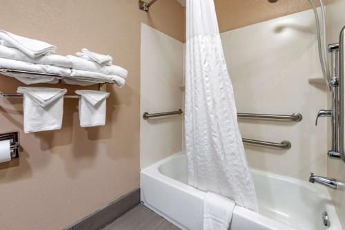 a bathroom with a shower and a white tub at Comfort Inn & Suites Lawrenceburg in Lawrenceburg