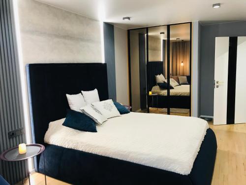 een slaapkamer met een groot bed en een spiegel bij Citadel VIP apartment in Lviv