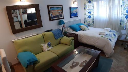 ein Wohnzimmer mit einem Sofa und einem Bett in der Unterkunft Avda de América in Madrid