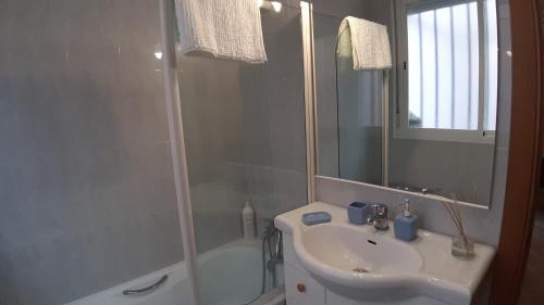 a bathroom with a sink and a shower and a mirror at Avda de América in Madrid