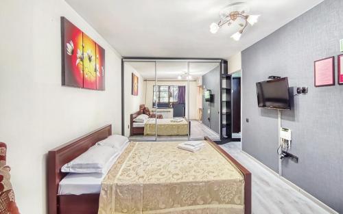 a bedroom with a bed and a tv in a room at Апартаменты 10-й микрорайон, 5А in Almaty