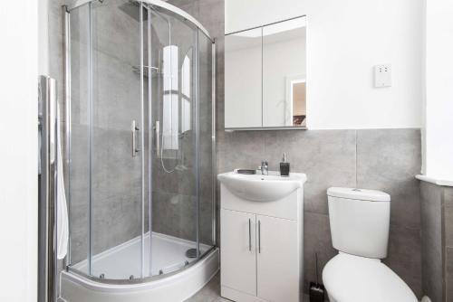 a bathroom with a shower and a toilet and a sink at Sublime Stays Webberley Stylish Studio Stoke City Centre in Stoke on Trent