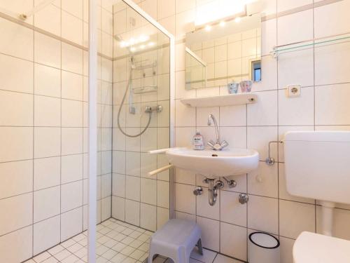 a bathroom with a shower and a sink and a toilet at Ferienwohnung Putbus in Güstelitz