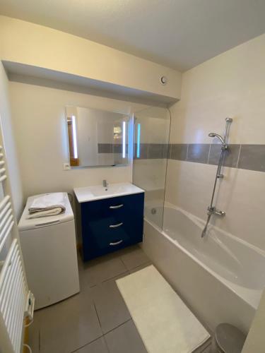 une salle de bain avec un lavabo, une douche et une baignoire dans l'établissement Le Nid, à Vaujany