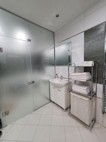 a white bathroom with a sink and a shower at Arcadia Apartments in Odesa