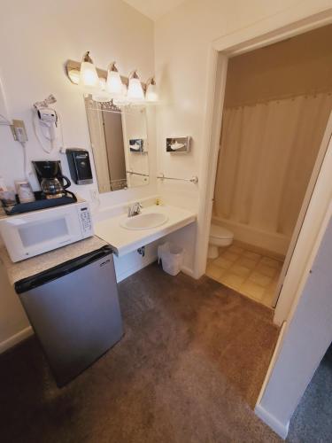 a small bathroom with a sink and a microwave at Holiday Lodge in Sheridan