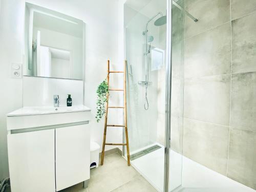 ein Bad mit einer Dusche, einem WC und einer Leiter in der Unterkunft STUDIO LUMINEUX - CENTRE VILLE - WIFI in Le Mans