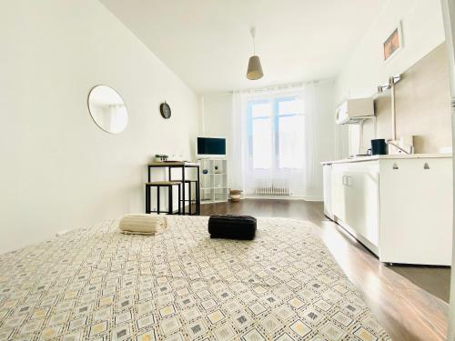 eine weiße Küche mit einem Teppich auf dem Boden in der Unterkunft STUDIO LUMINEUX - CENTRE VILLE - WIFI in Le Mans