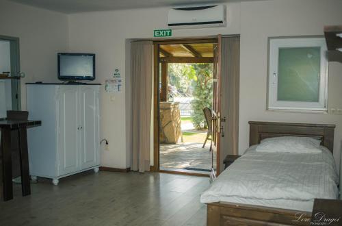 a bedroom with a bed and a tv and a door at Pensiunea Dulce Ambient in Păuliş