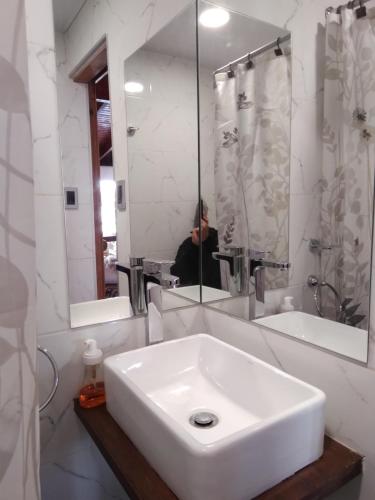 un baño con lavabo y una persona en un espejo en Pocitos Nuevo en Montevideo