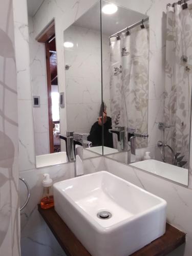 un baño con lavabo y una persona en un espejo en Pocitos Nuevo, en Montevideo
