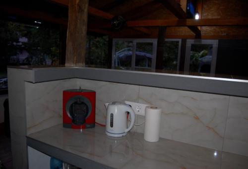 a counter with a coffee maker and a toaster at Vila Phoenix in Călimăneşti