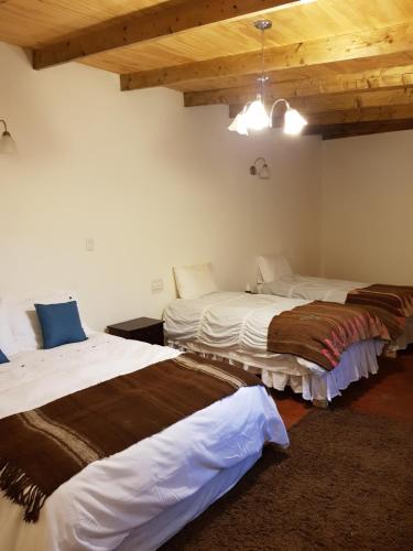 two beds in a room with wooden ceilings at Masairi in San Pedro de Atacama