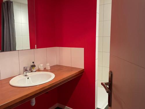 a bathroom with a sink and a red wall at Logis Hôtel Castel de Mirambel in Lourdes