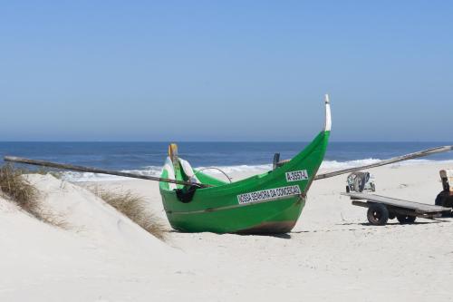 a green boat sitting on a beach next to the ocean at Hotel Santiago Vagos in Ílhavo