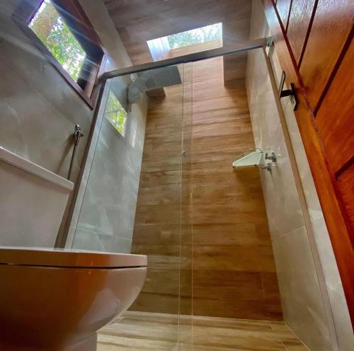 a bathroom with a toilet and a glass wall at Verde da Mantiqueira Chalés in Visconde De Maua