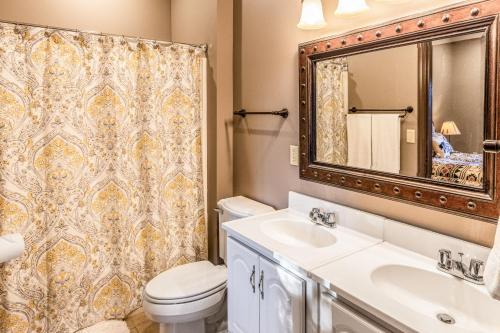 a bathroom with a toilet and a sink and a mirror at Eagles Nest in Bryson City