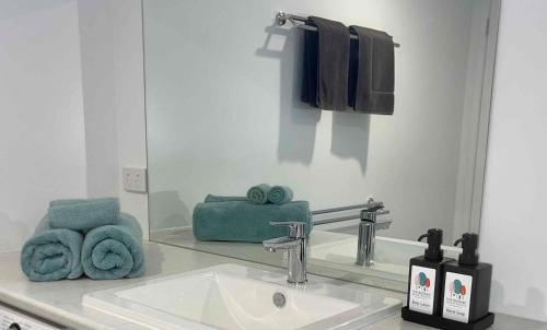 y baño con lavabo, espejo y toallas. en Botanic Racecourse, en Warrnambool