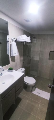 a bathroom with a toilet and a sink and a shower at Apartahotel San Gil Plaza in San Gil