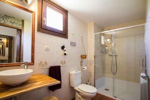 y baño con aseo, lavabo y ducha. en Mar de viñas en San Asensio