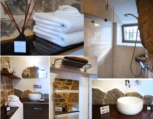 a collage of pictures of a bathroom with towels at Le Colombier Saint-Véran in La Roque-Sainte-Marguerite